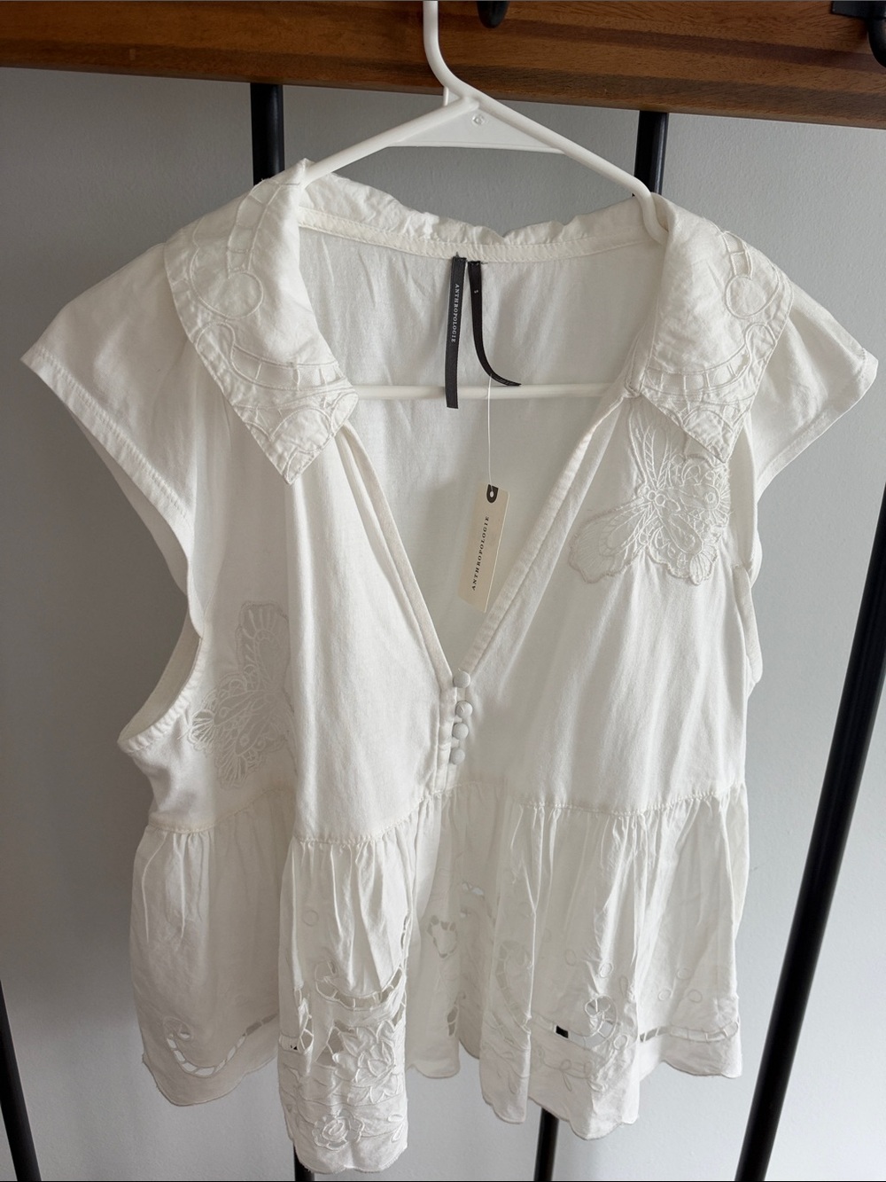 Anthropologie White Embroidered Peplum Blouse